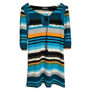 Papillon Striped Lace Up Tassel Dress Teal Orange Gray White Black Size S